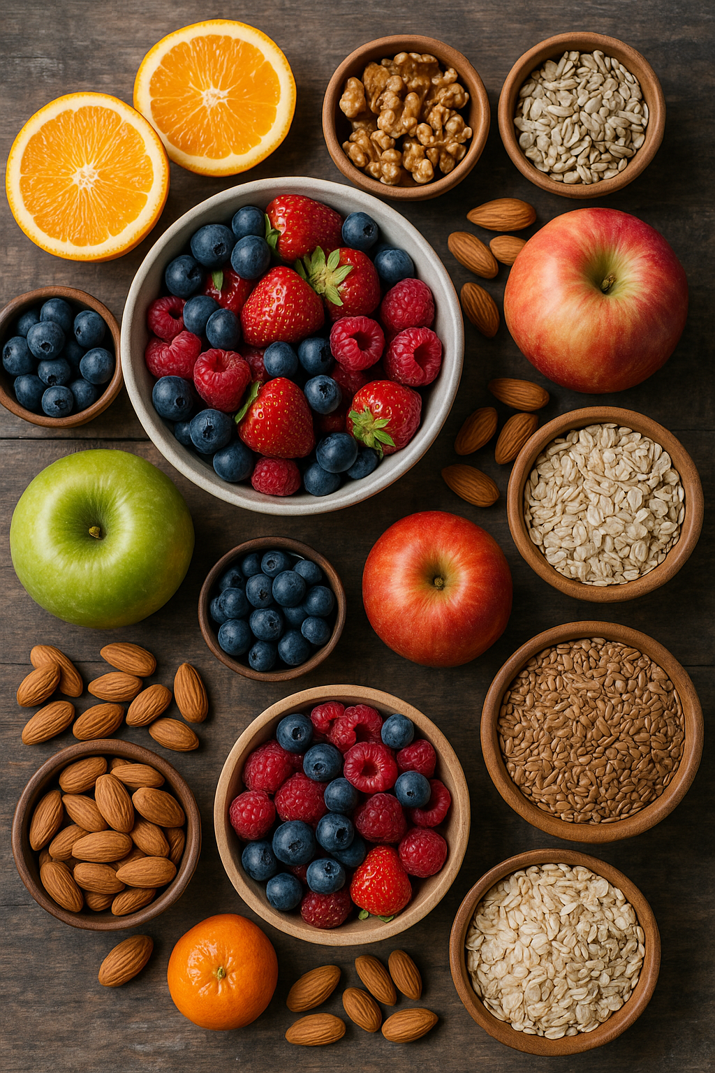 Frutas, nueces y cereales sobre una mesa de madera